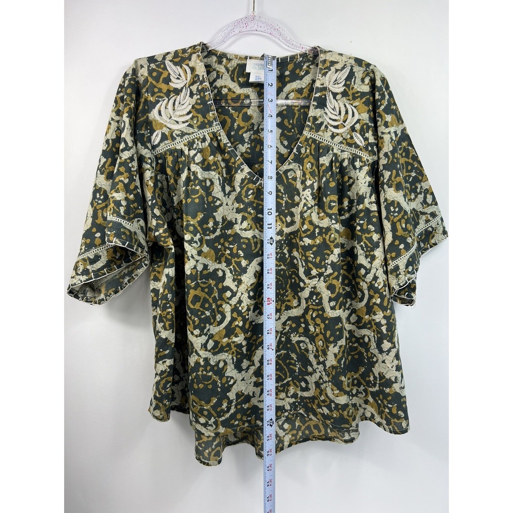 Sigrid Olsen Top Women's Sz M Green/Beige Print Hi Low Hem Embroidered - Picture 4 of 9